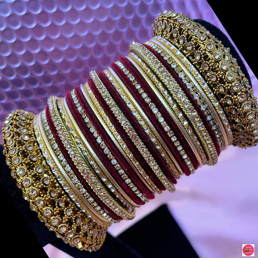 Gold/Maroon Zirconia Bangle Set