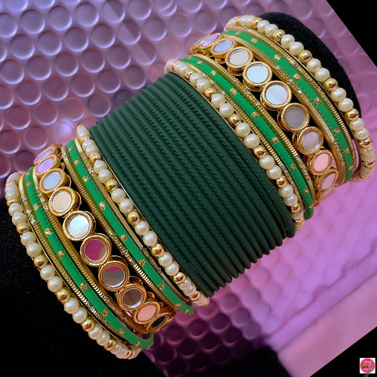 Pearl Mirror Metal Bangles Set- Green