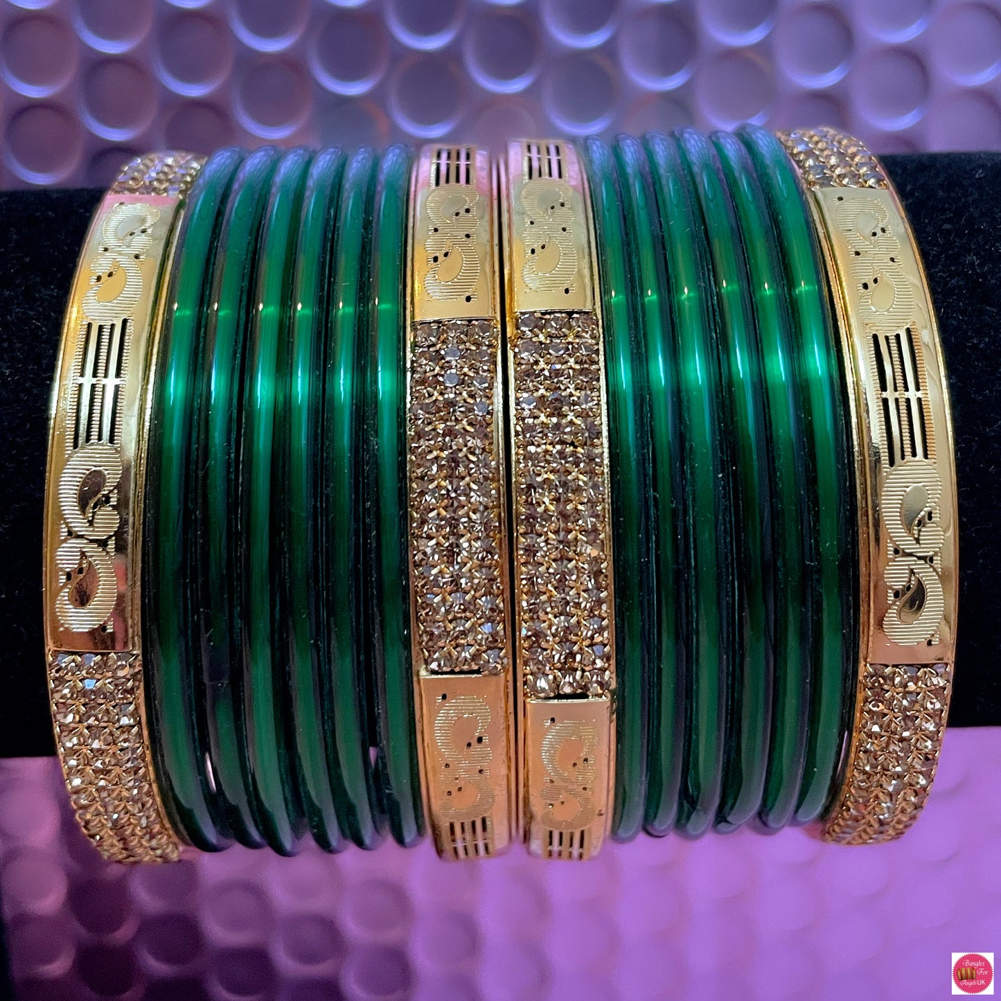 Gold Metal Green Glass Bangles Set