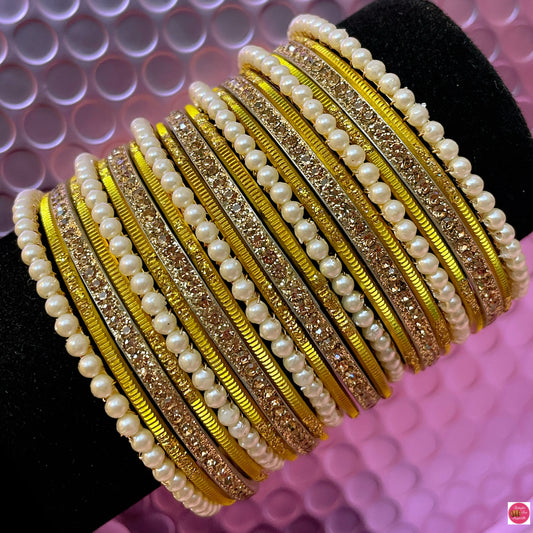 Pearl Metal Bangles Set- Yellow