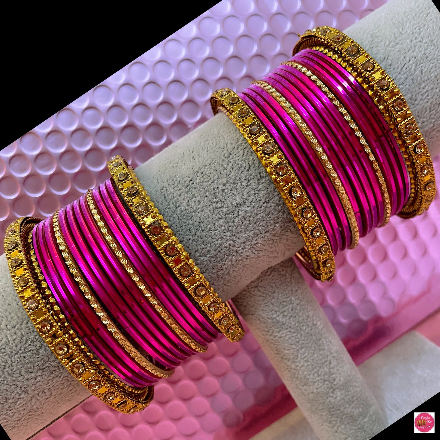 Gold Metal Bangle Set- Hot Pink