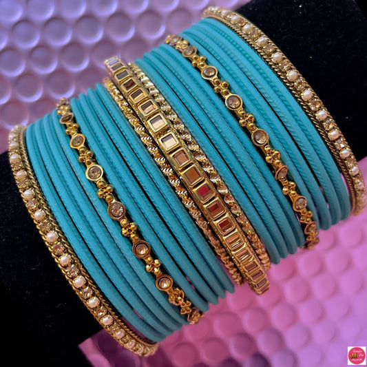 Gold Metal Bangles Set- Turquoise