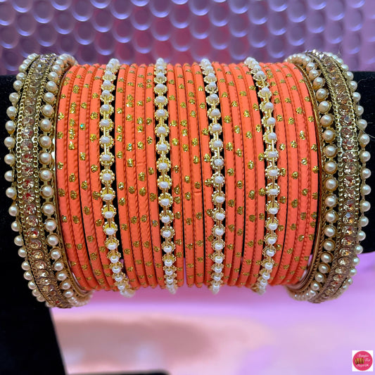 Coral/Orange Pearl Metal Bangle Set