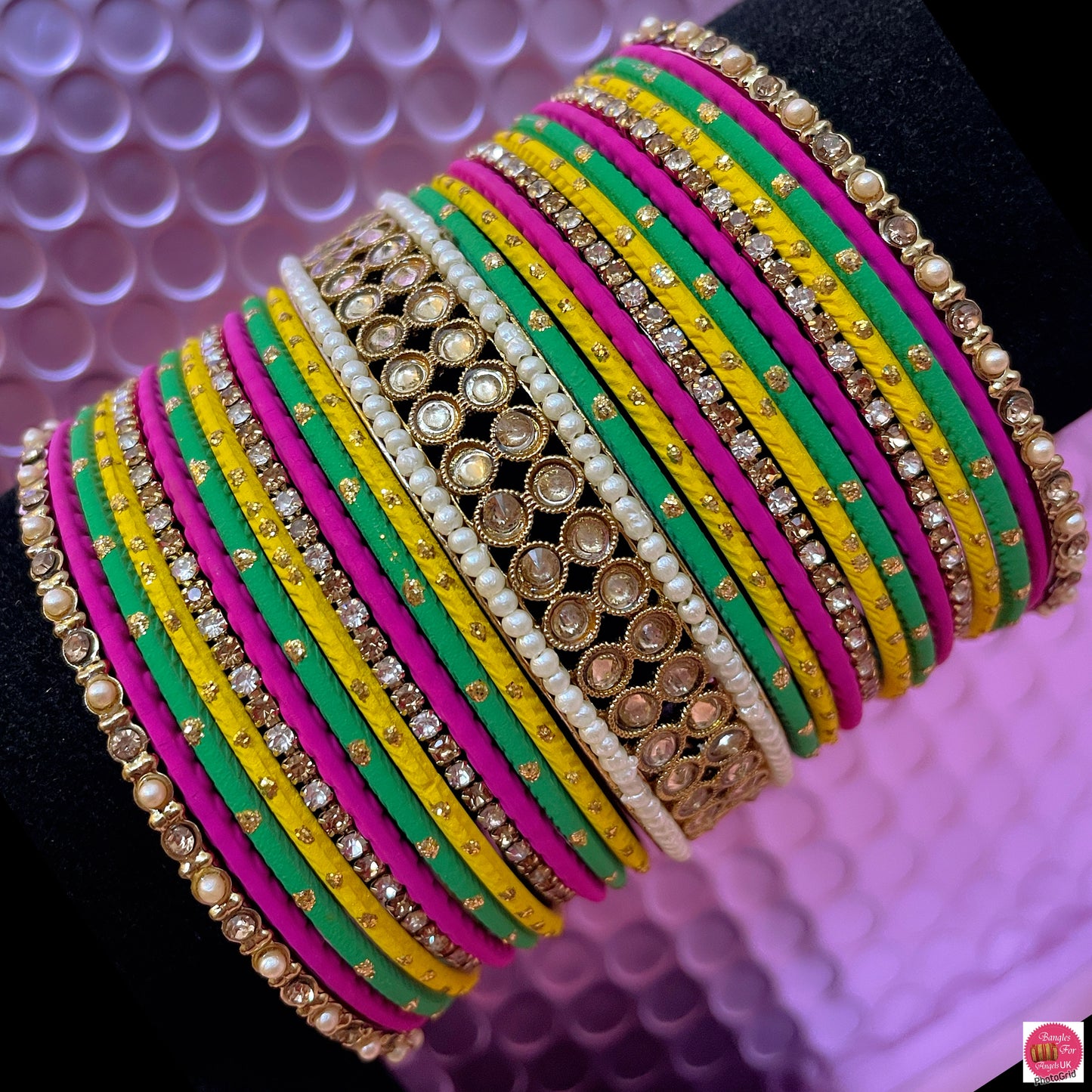 Multicoloured Kundan Pearl Metal Bangles Set