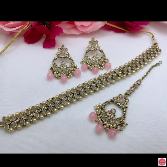 Kundan Gold Pearl Choker, Earings & Maang Tikka Set- Light Pink