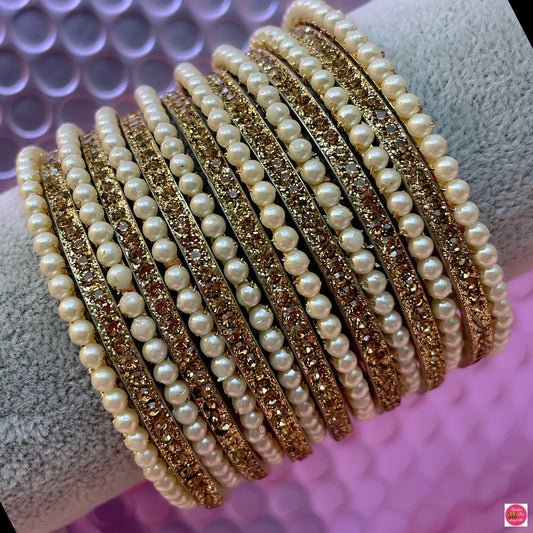 Pearl & Gold Metal Bangles Set- Size 2.2