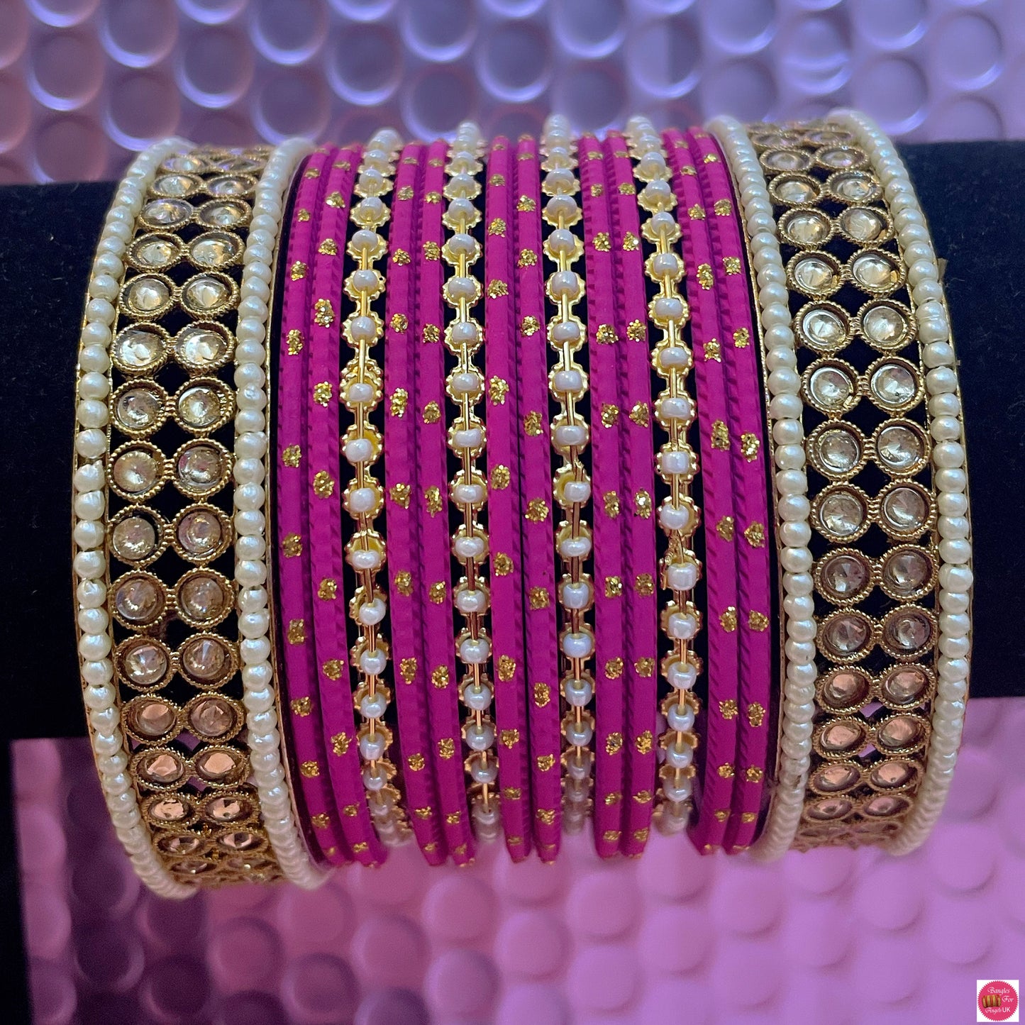 Kundan Pearl Metal Bangle Set- Hot Pink