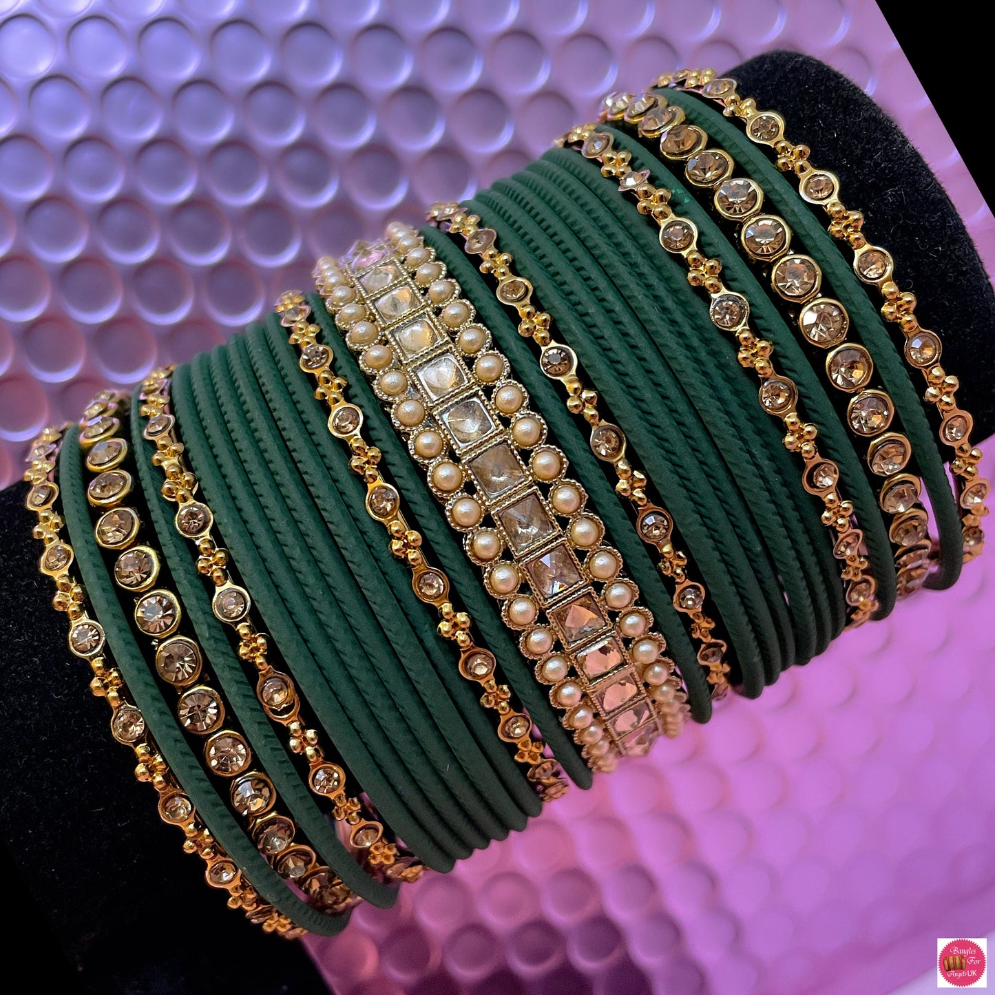 Pearl Kundan Gold Metal Bangles Set- Green