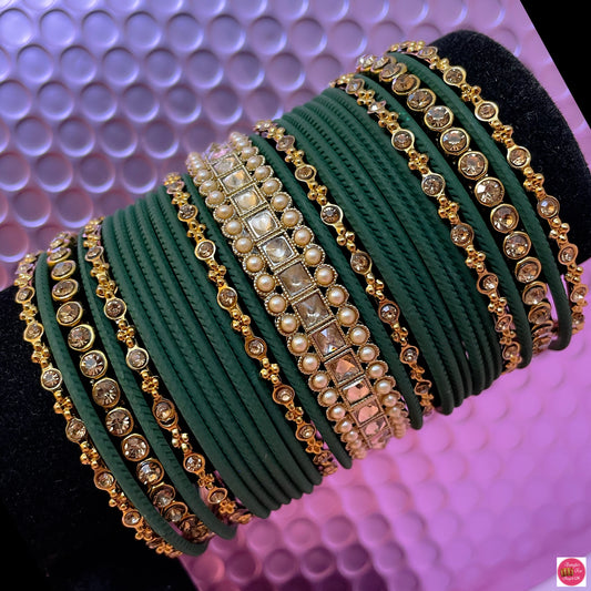 Pearl Kundan Gold Metal Bangles Set- Green