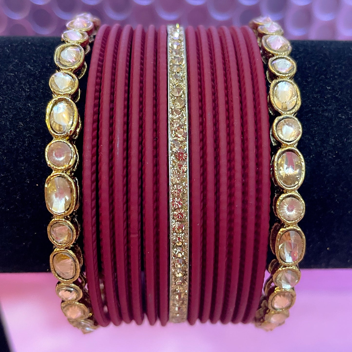 Kundan Metal Bangle Set- Maroon