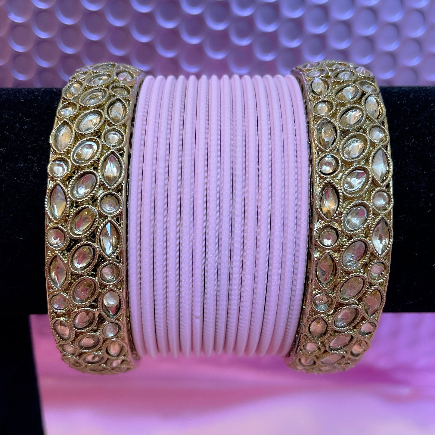 Kundan Metal Bangle Set- Light Pink