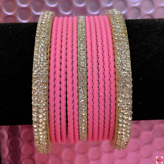 Silver Metal Bangles Set- Baby Pink