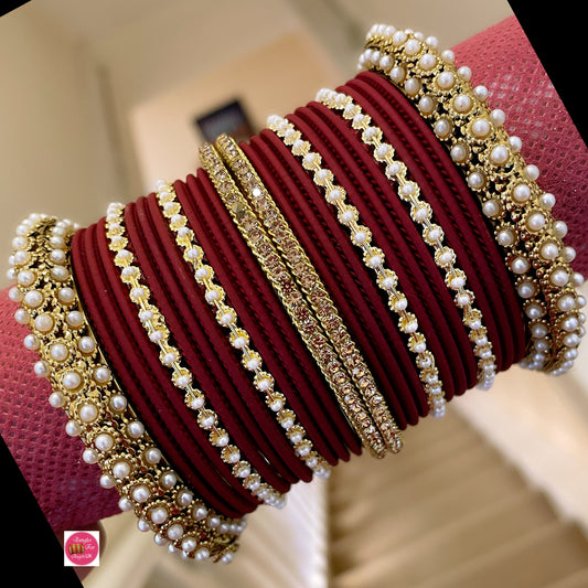 Pearl Bangle Set- Maroon