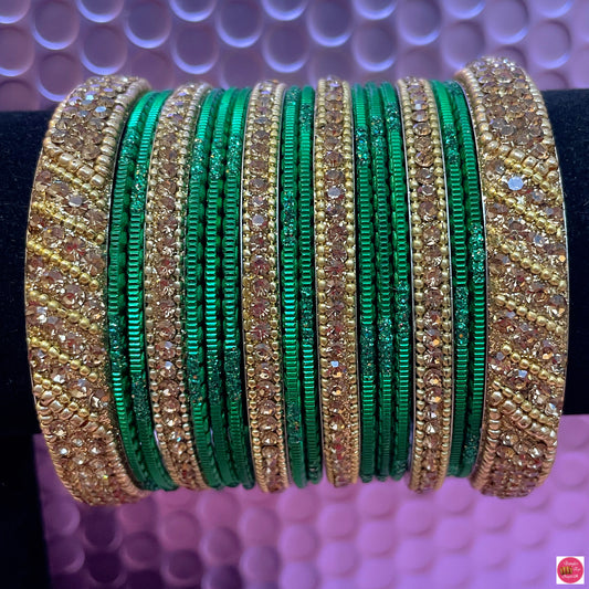 Gold Metal Bangles Set- Green