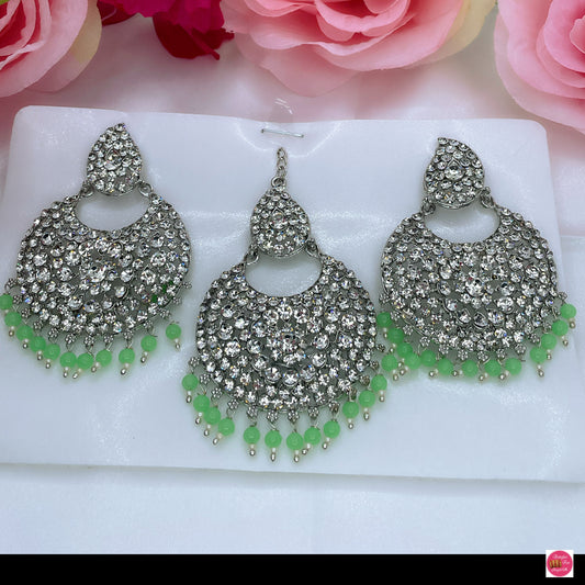 Mint Green & Silver  Maang Tikka & Earings Set