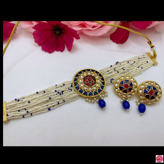 Kundan Pearl Choker & Earings Set- Blue