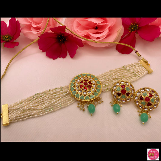 Pearl Kundan Choker & Earings Set- Mint Green