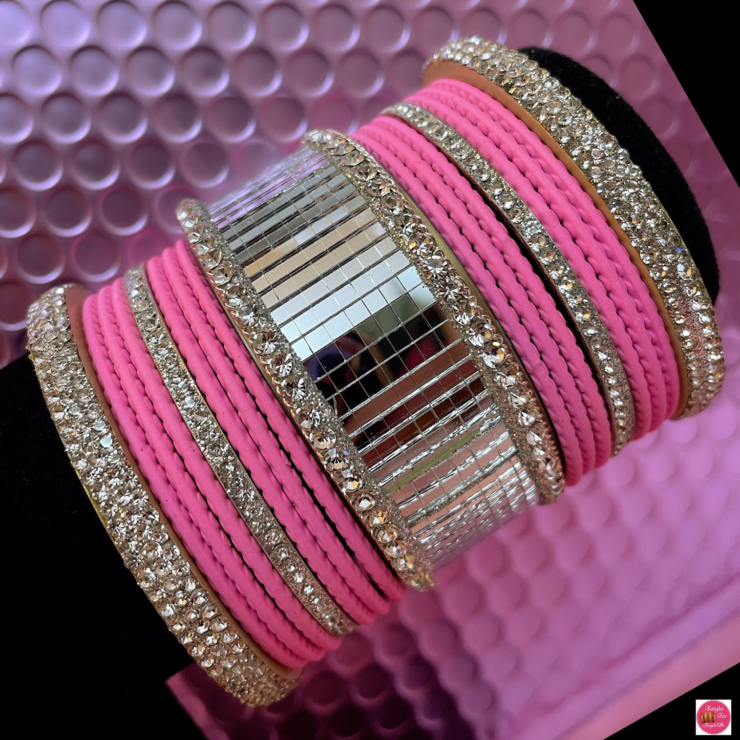 Silver Mirror Bangles Set- Baby Pink