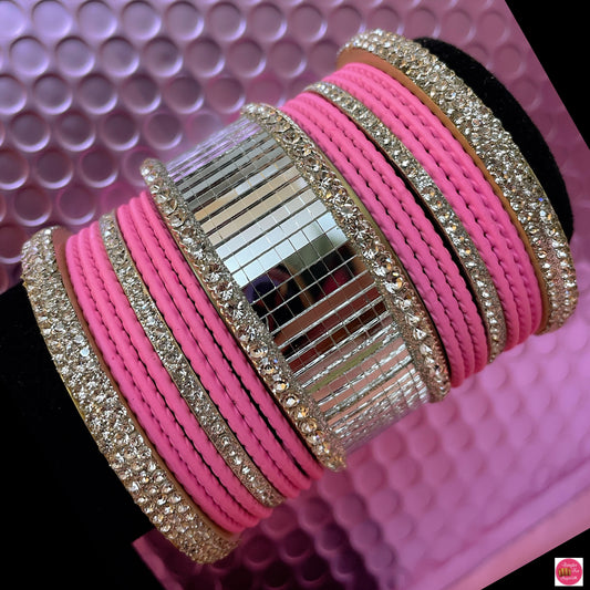 Silver Mirror Bangles Set- Baby Pink