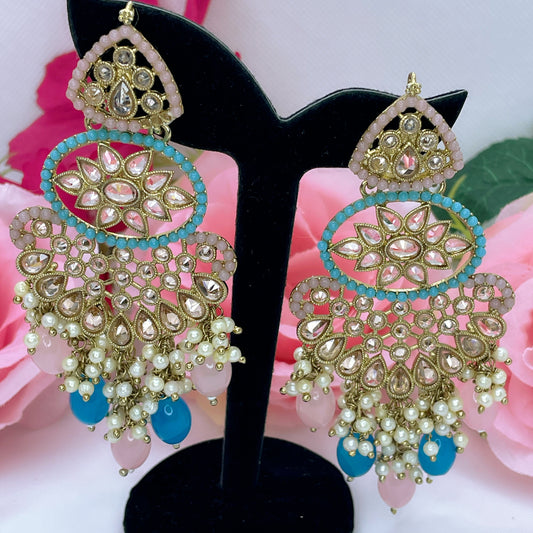 Kundan & Pearl Earings- Light Pink/Sky Blue