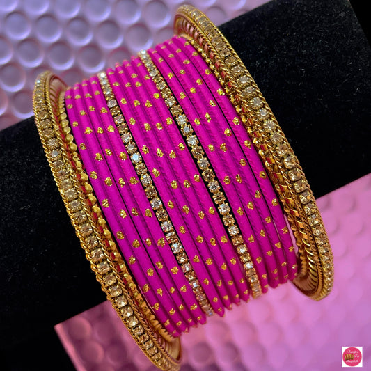 Gold Zirconia Hot Pink Metal Bangle Set- Size 2.10