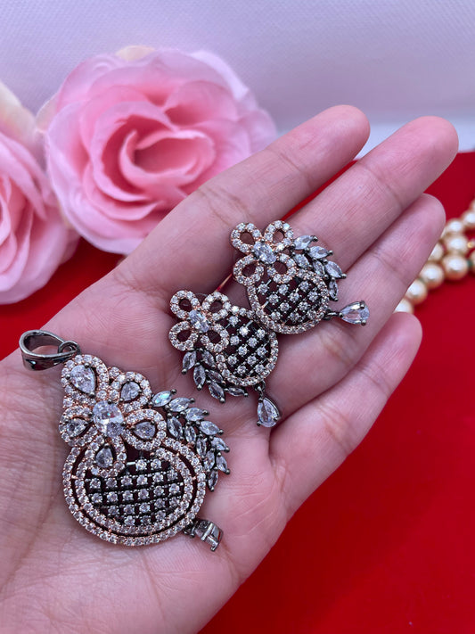 American Diamond Earings Pendant Set- Greyish