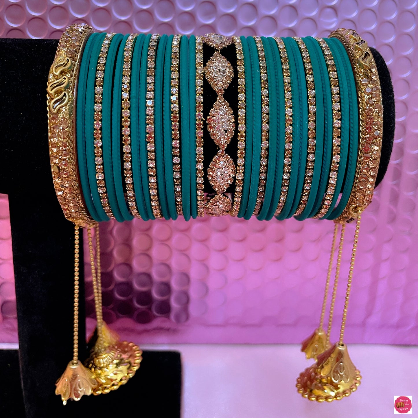 Zirconia Hanging Bangles Set- Emerald Green