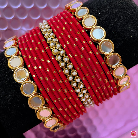 Mirror Style Pearl Metal Bangles Set- Red