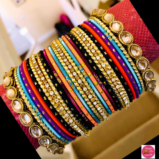 Kundan Multicoloured Zirconia Metal Bangles Set- Size 2.10