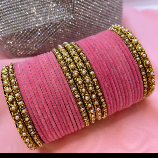 Pearl Velvet Metal Bangles Set- Blush Pink