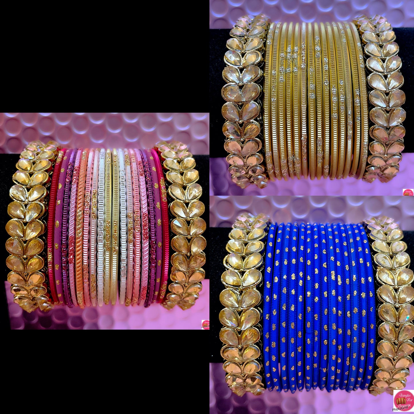 Kundan Metal Bangles Set- Various Colours