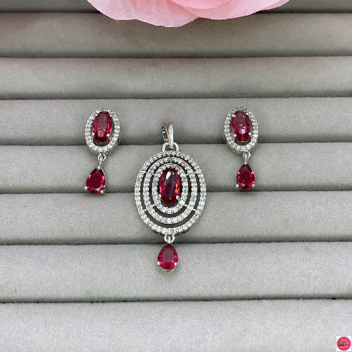 Maya American Diamond Earings Pendant Set - Red