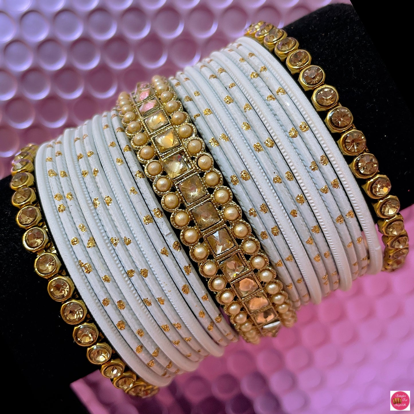 Kundan Metal Bangles Set- White