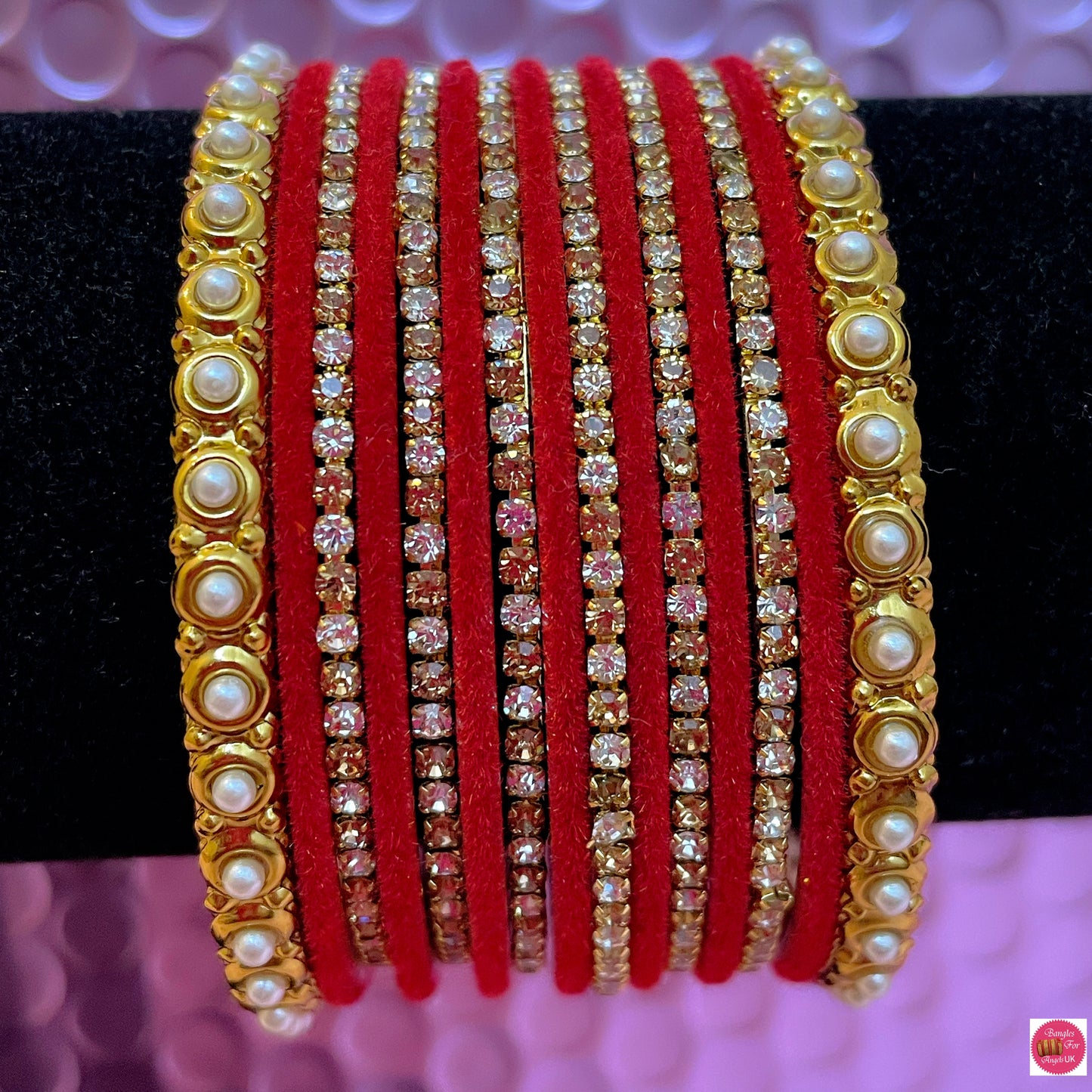 Pearl & Zirconia Velvet Metal Bangle Set- Red