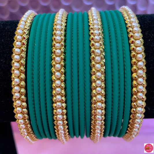 Pearl Metal Bangle Set- Emerald Green