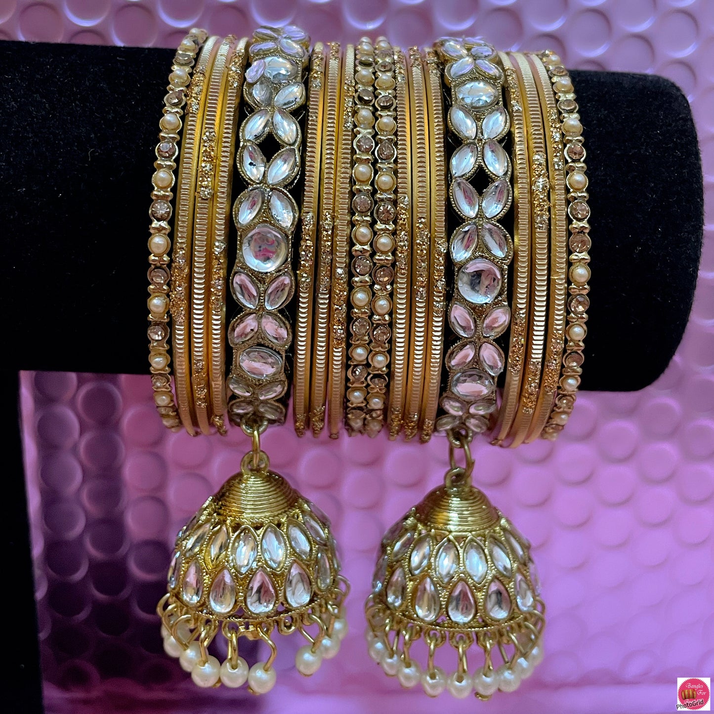 Kundan Gold Hanging Metal Bangles Set