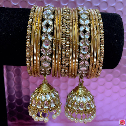 Kundan Gold Hanging Metal Bangles Set