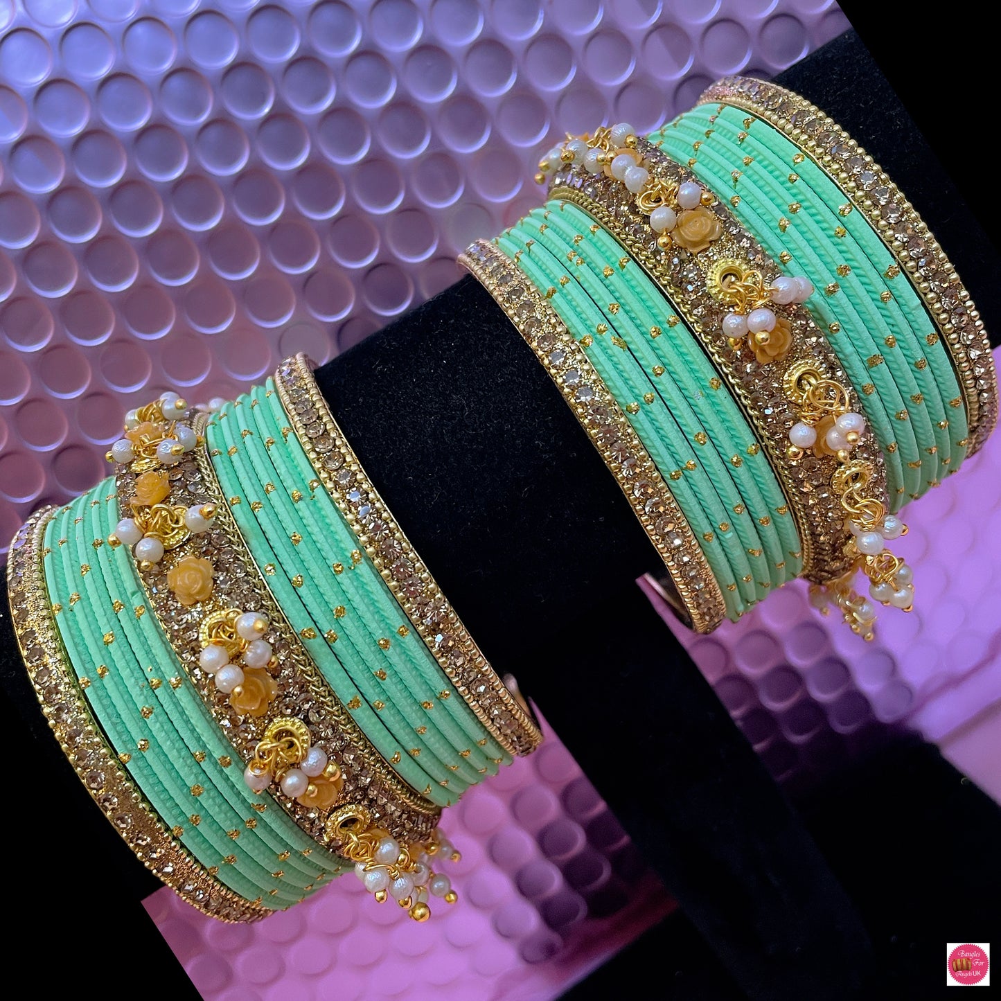 Gold Pearl Metal Bangles Set- Mint Green