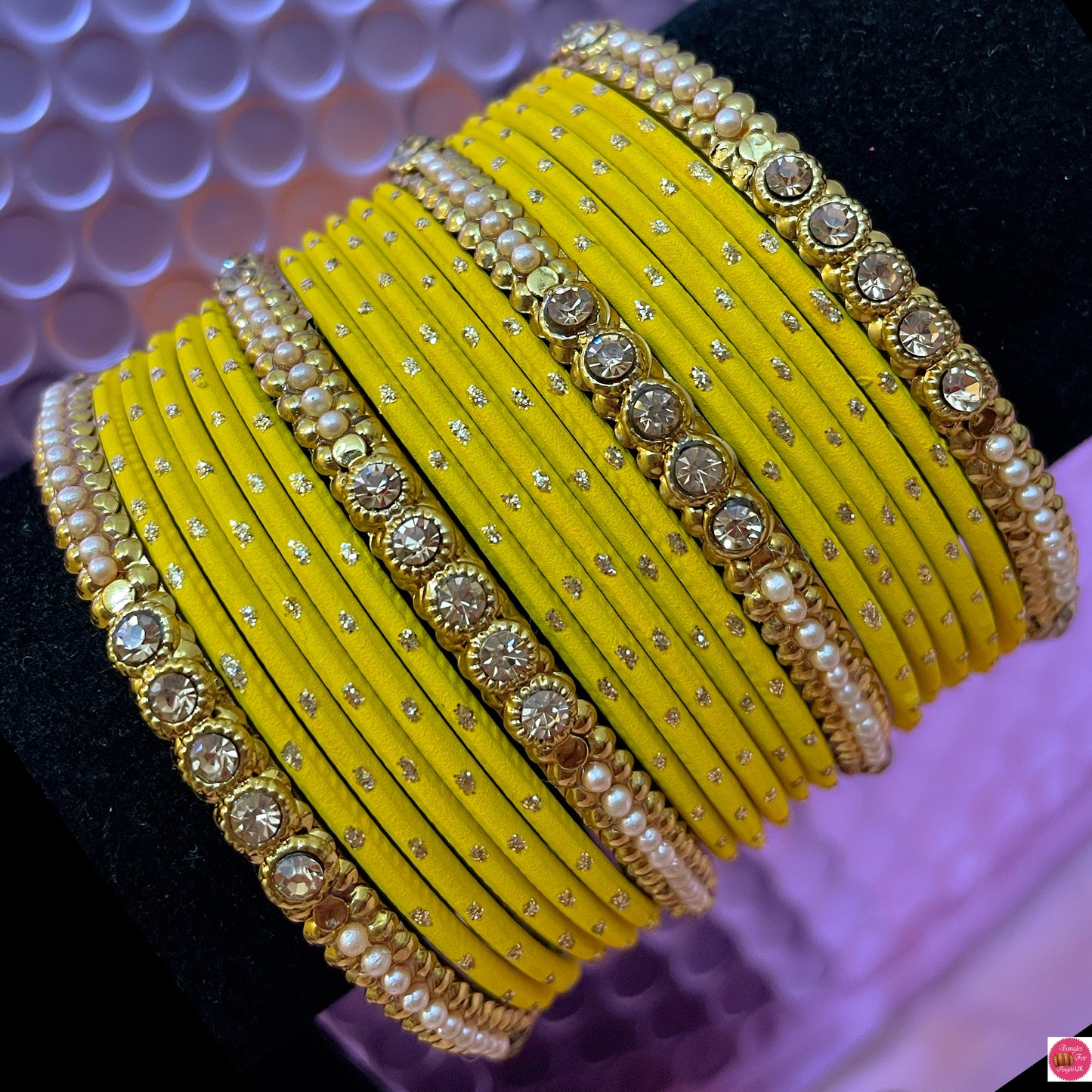 Gold Pearl Metal Bangles Set- Yellow