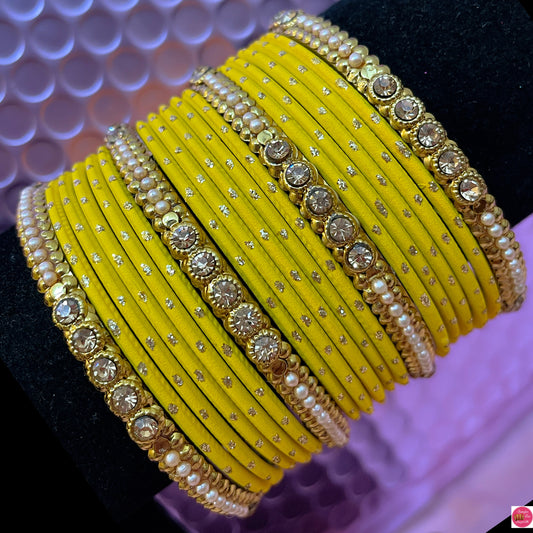 Gold Pearl Metal Bangles Set- Yellow