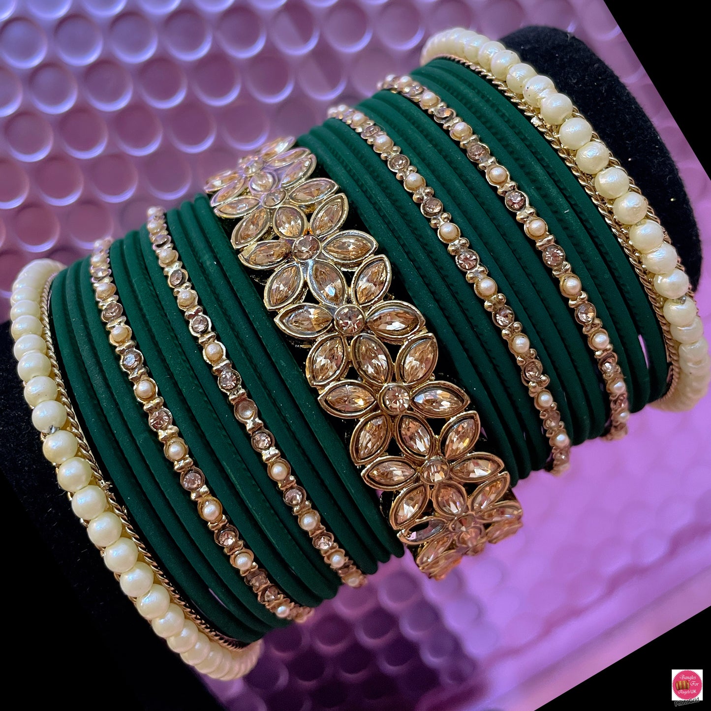 Kundan Pearl Metal Bangles Set- Green