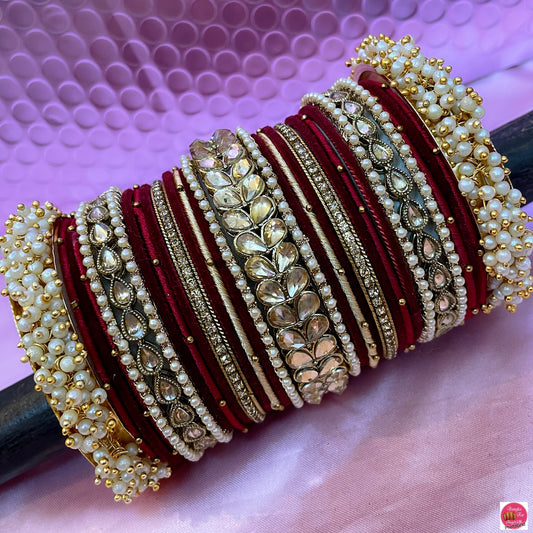 Pearl Kundan Velvet Metal Bridal Bangles Set- Maroon