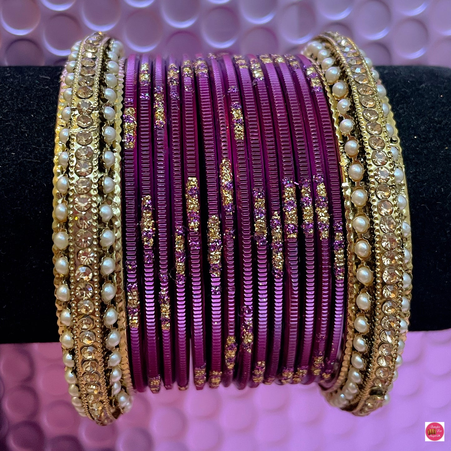 Pearl Metal Bangles Set- Plum