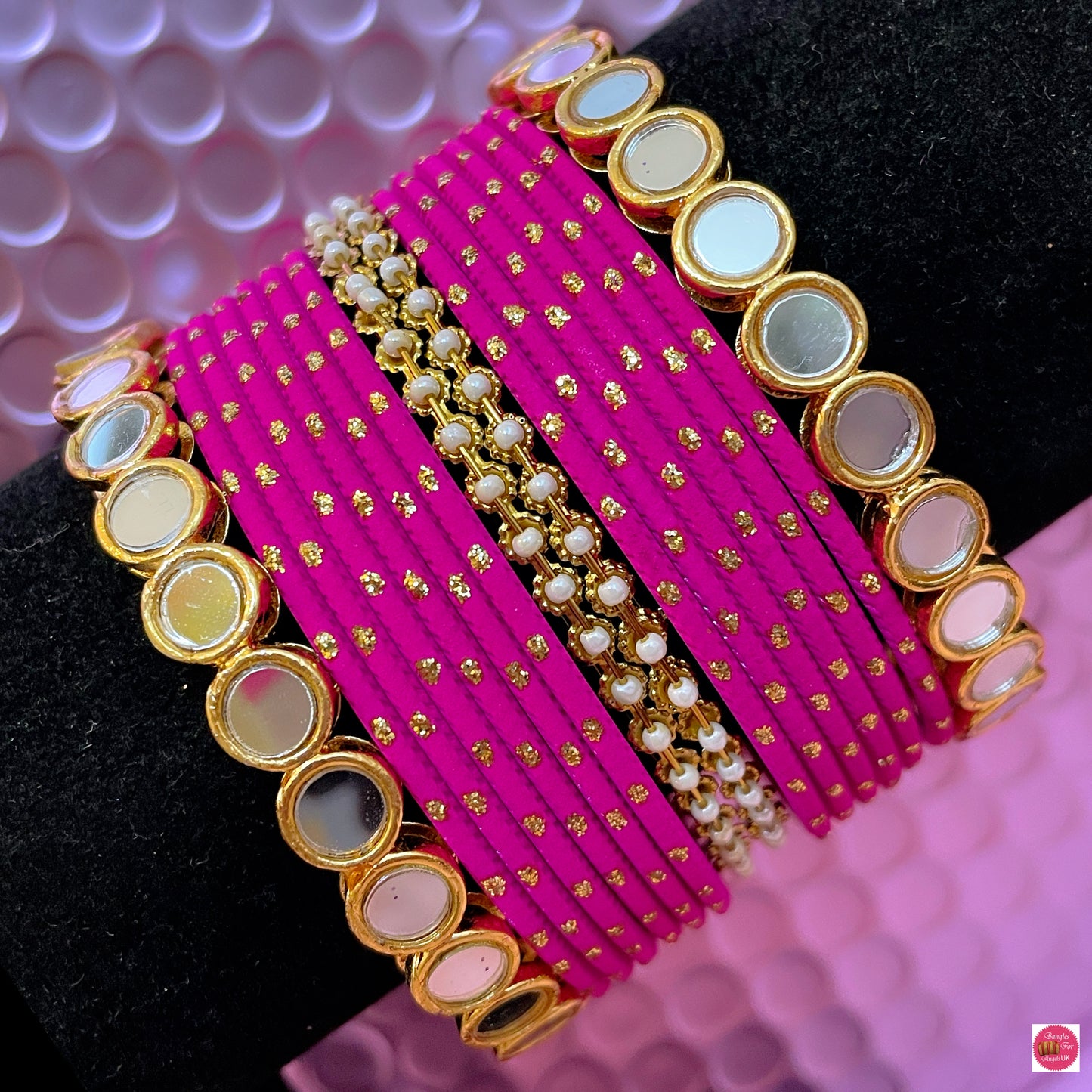 Mirror Style Pearl Metal Bangles Set- Hot Pink