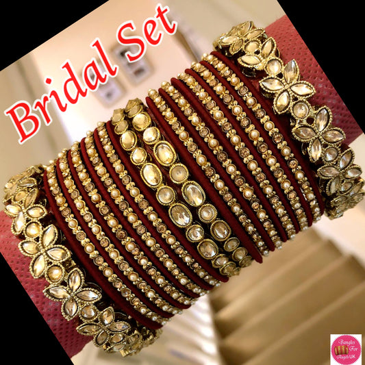 Kundan Metal Bangles Set- Maroon