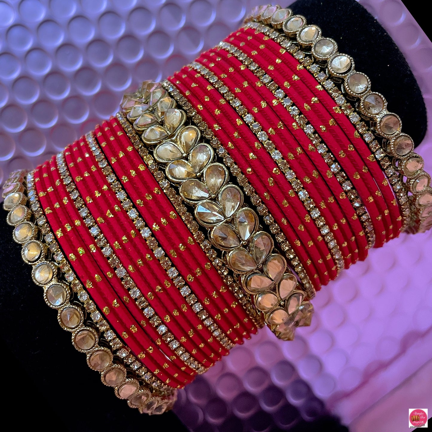 Kundan Zirconia Metal Bangles Set- Red