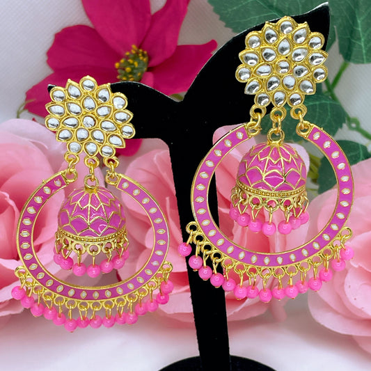 Aisha Kundan Statement Earings- Pink