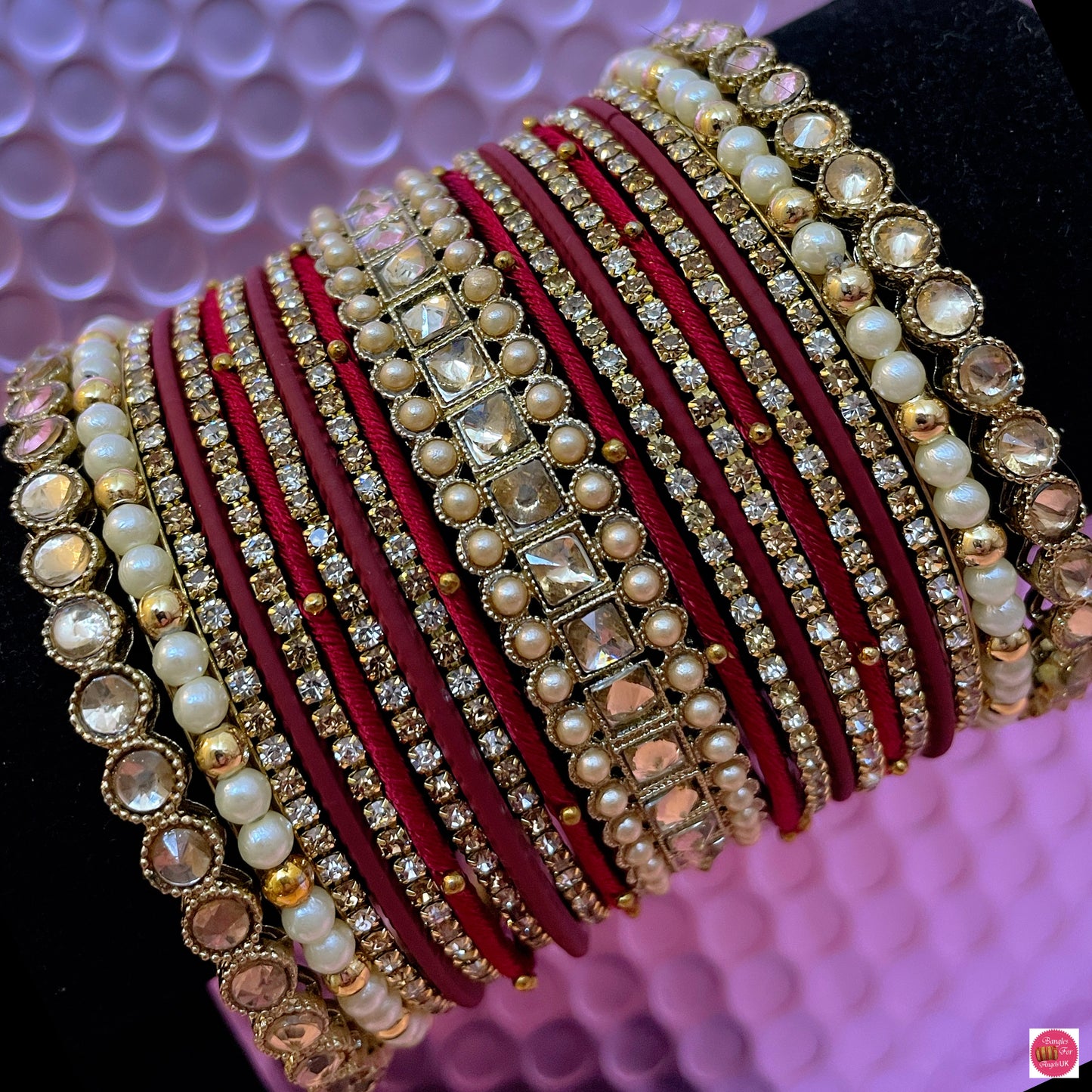 Pearl Kundan Zirconia Thread Metal Bangles Set- Maroon