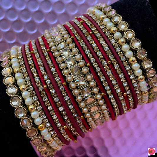 Pearl Kundan Zirconia Thread Metal Bangles Set- Maroon