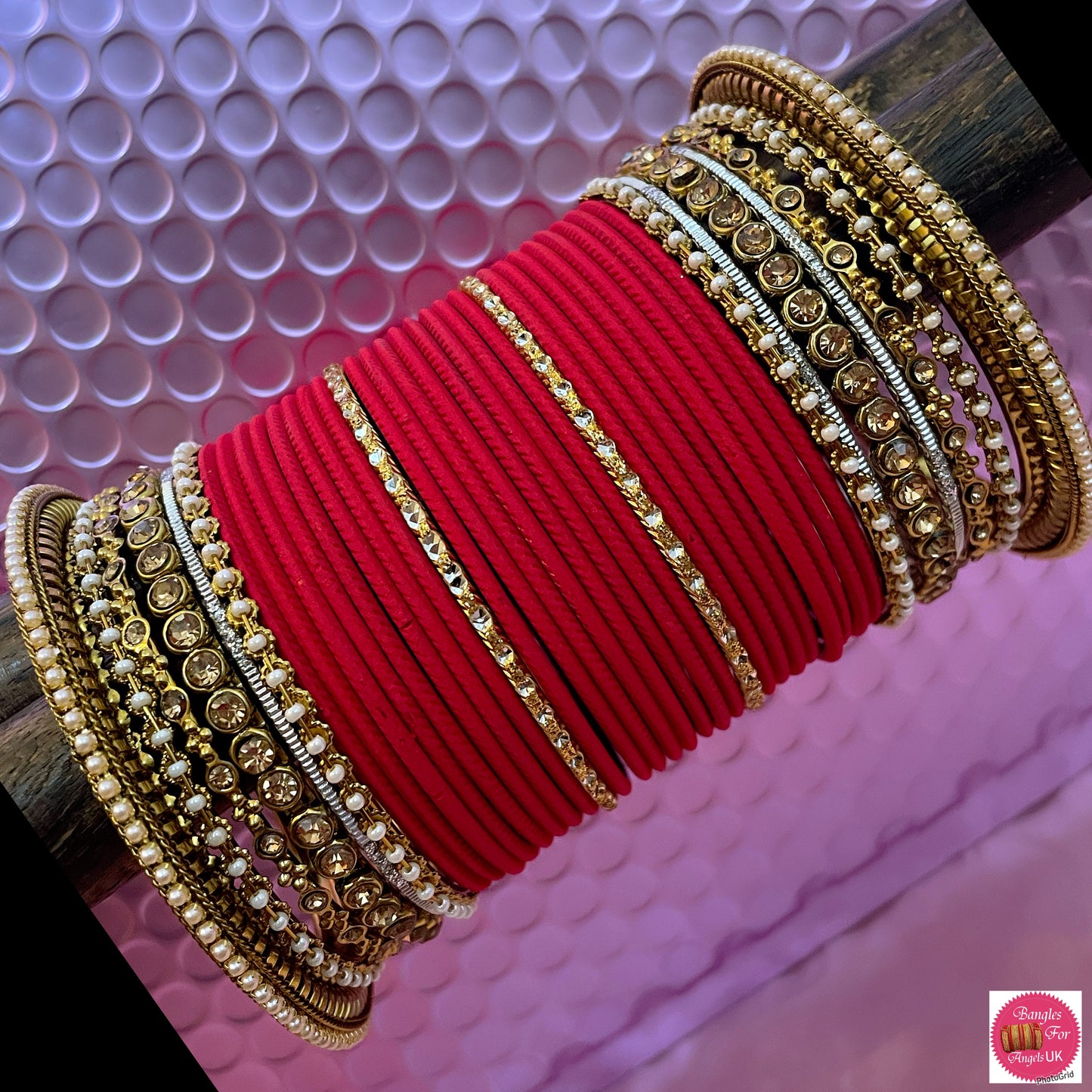 Pearl Metal Bangles Set- Red